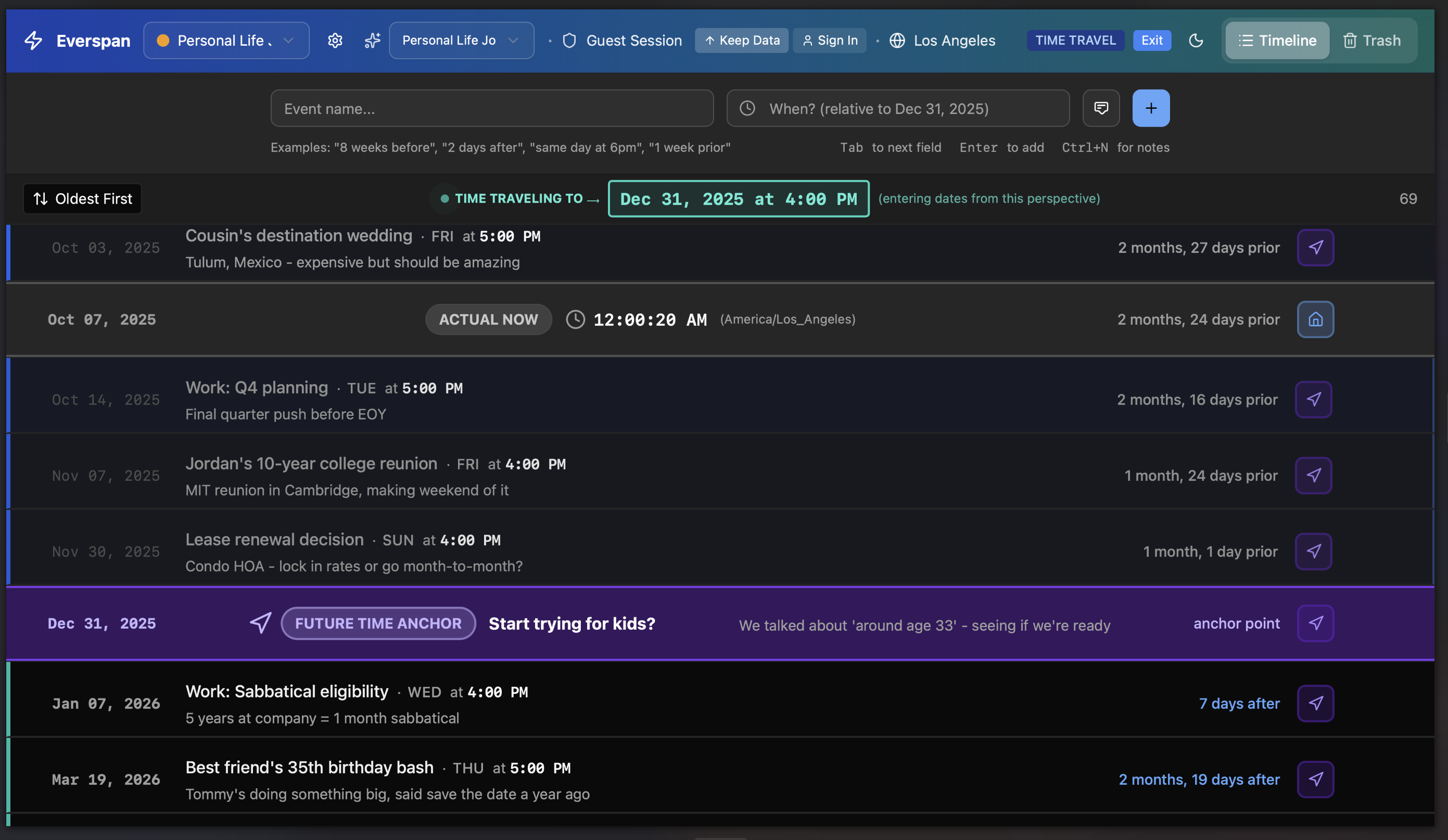 everSpan.ai interface showing relative date relationships
